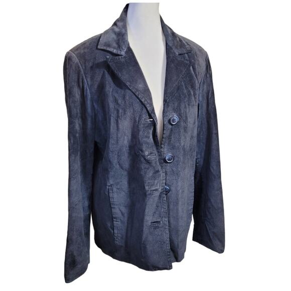 Green Fields Blue Suede Leather Jacket Womens Medium Collared Minimalist Classic - Picture 2 of 8
